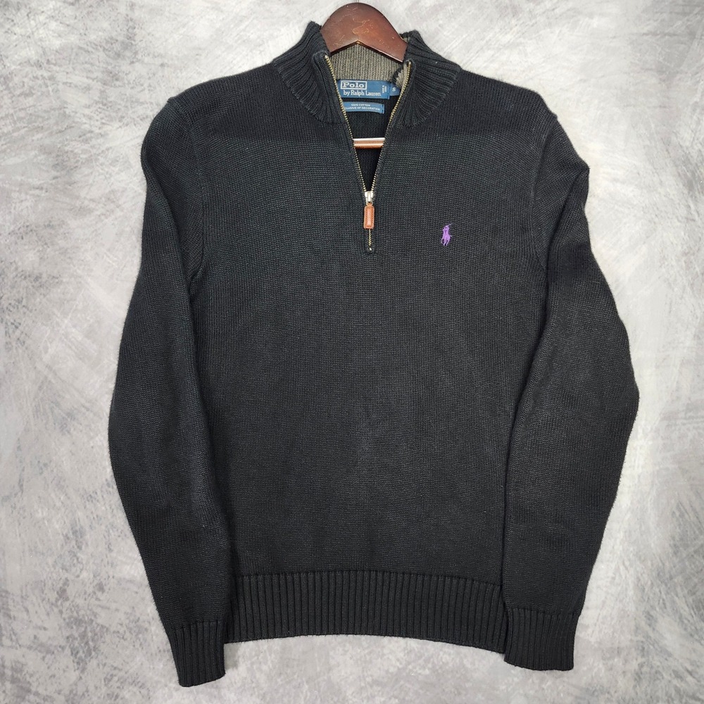 Polo Ralph Lauren Quarter Zip Sweater Mens Small Black Purple Pony Mock Neck Rib